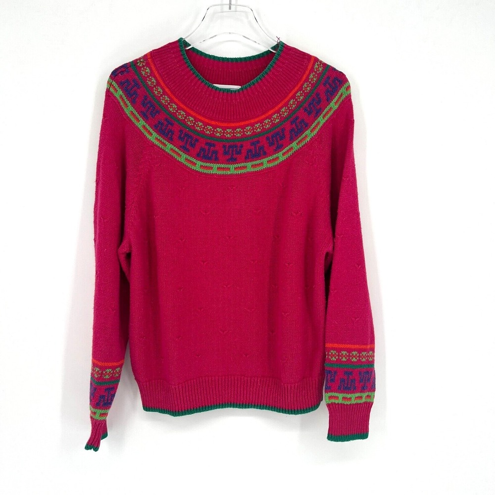 Vtg Sweater‎ Womens L Pink Yoke Geometric Pattern 80s Vibrant Maximalist Neon